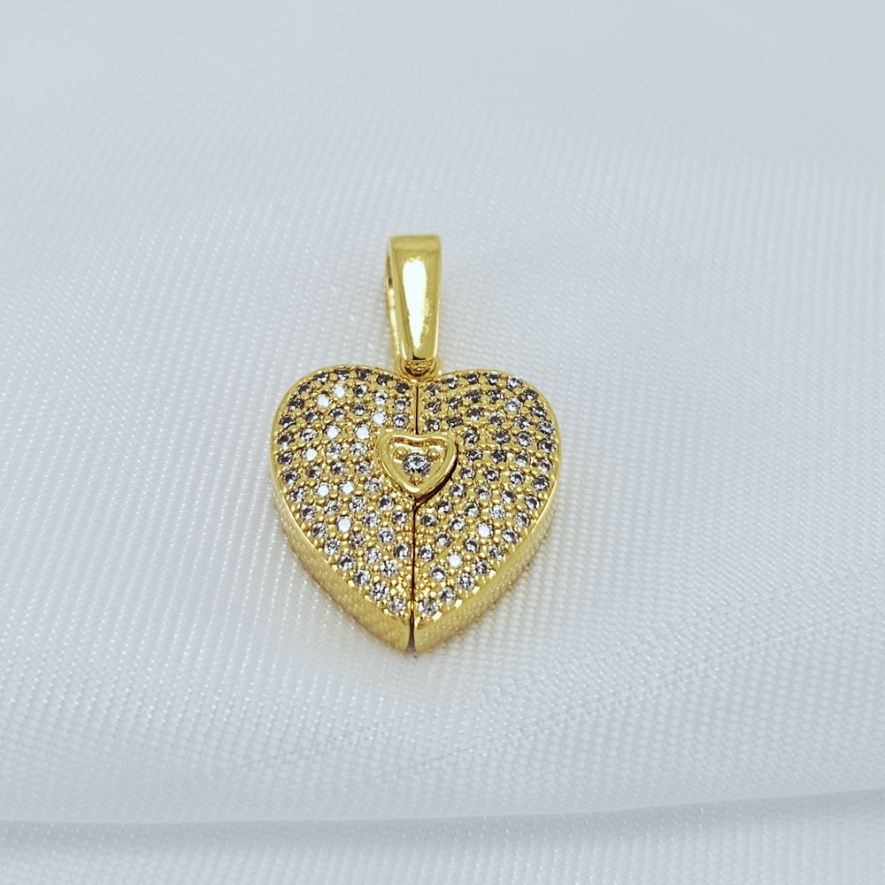 Pingente coração duplo cravejado com zircônia e liso