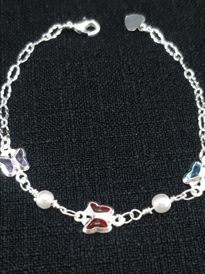 Pulseira infantil borboletas coloridas com pérola