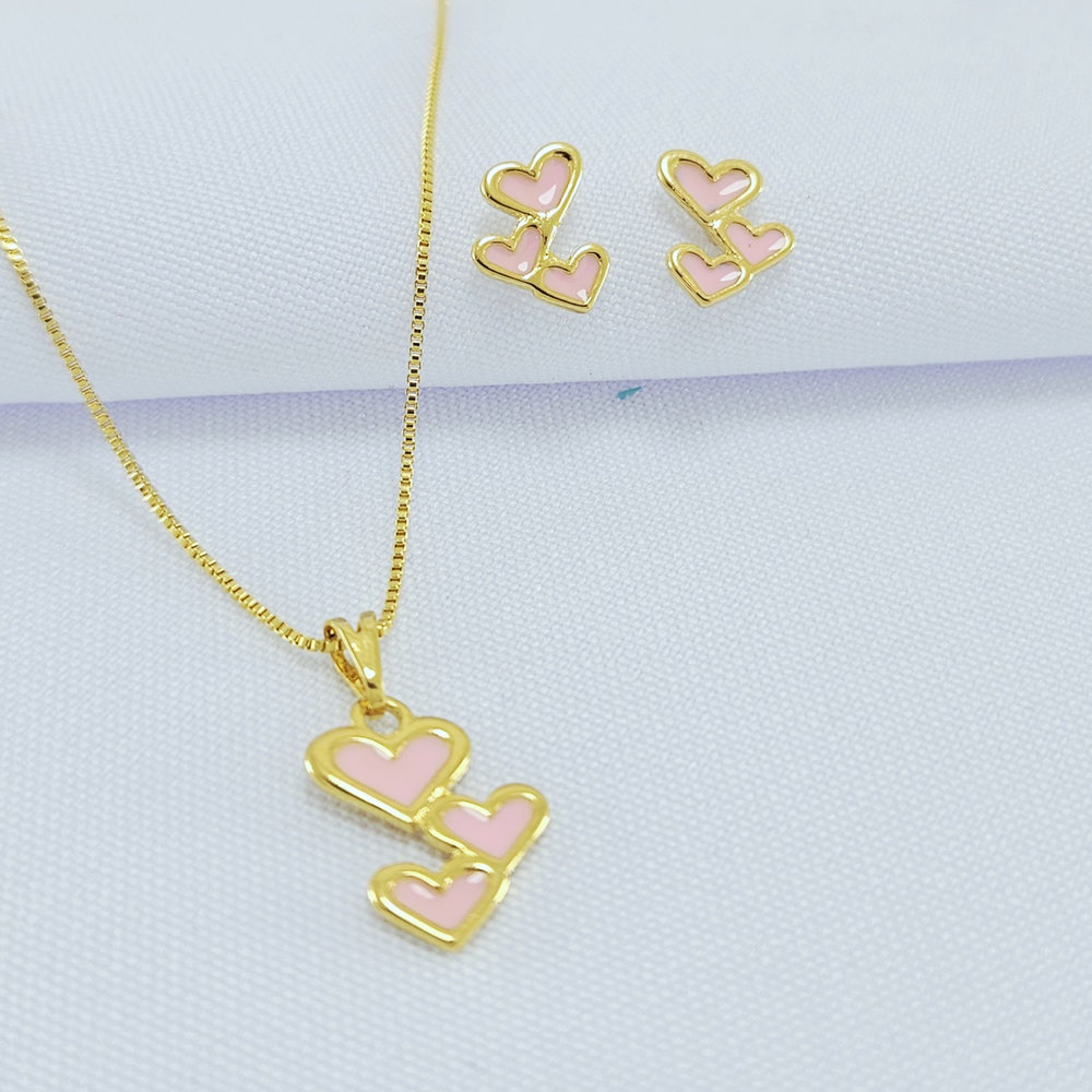 Conjunto três corações rosa
