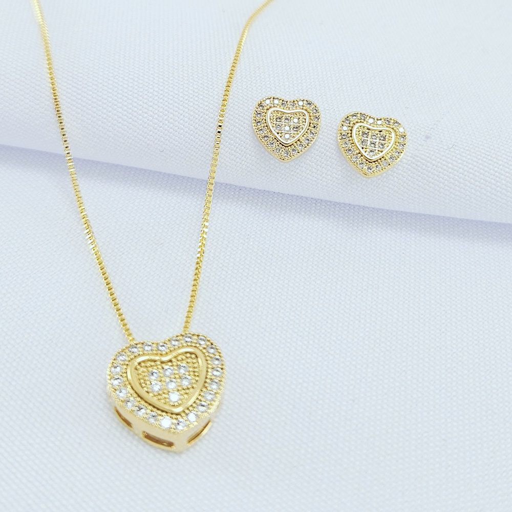 Conjunto coração duplo cravejado