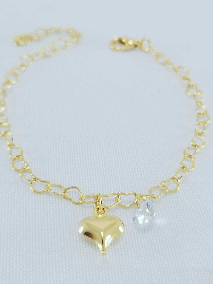 Pulseira elos vazados com coração e ponto de luz