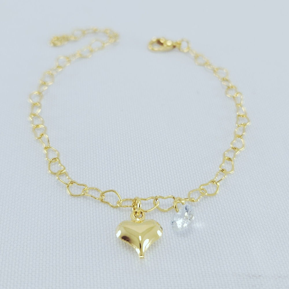 Pulseira elos vazados com coração e ponto de luz