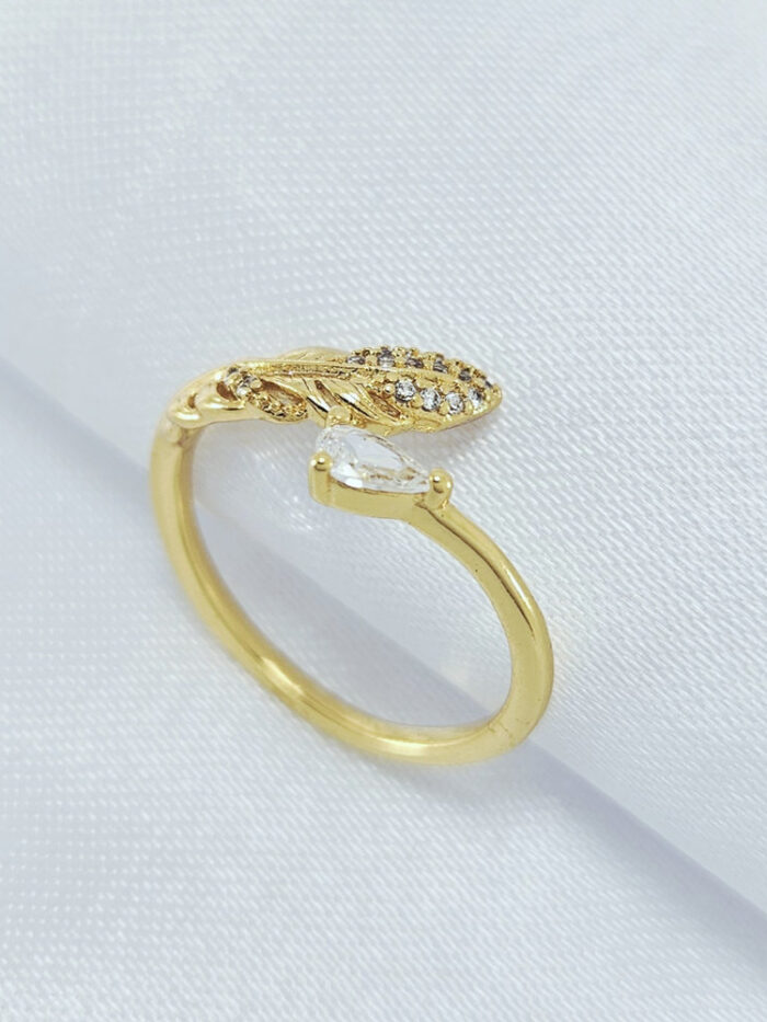 Anel regulável folha e pedra cristal