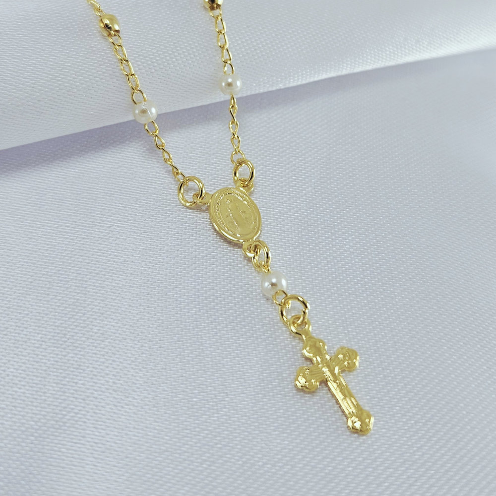 Pulseira terço com pérolas e bolas dourado - Imagem 2