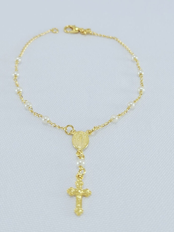 Pulseira terço com bolas perolado