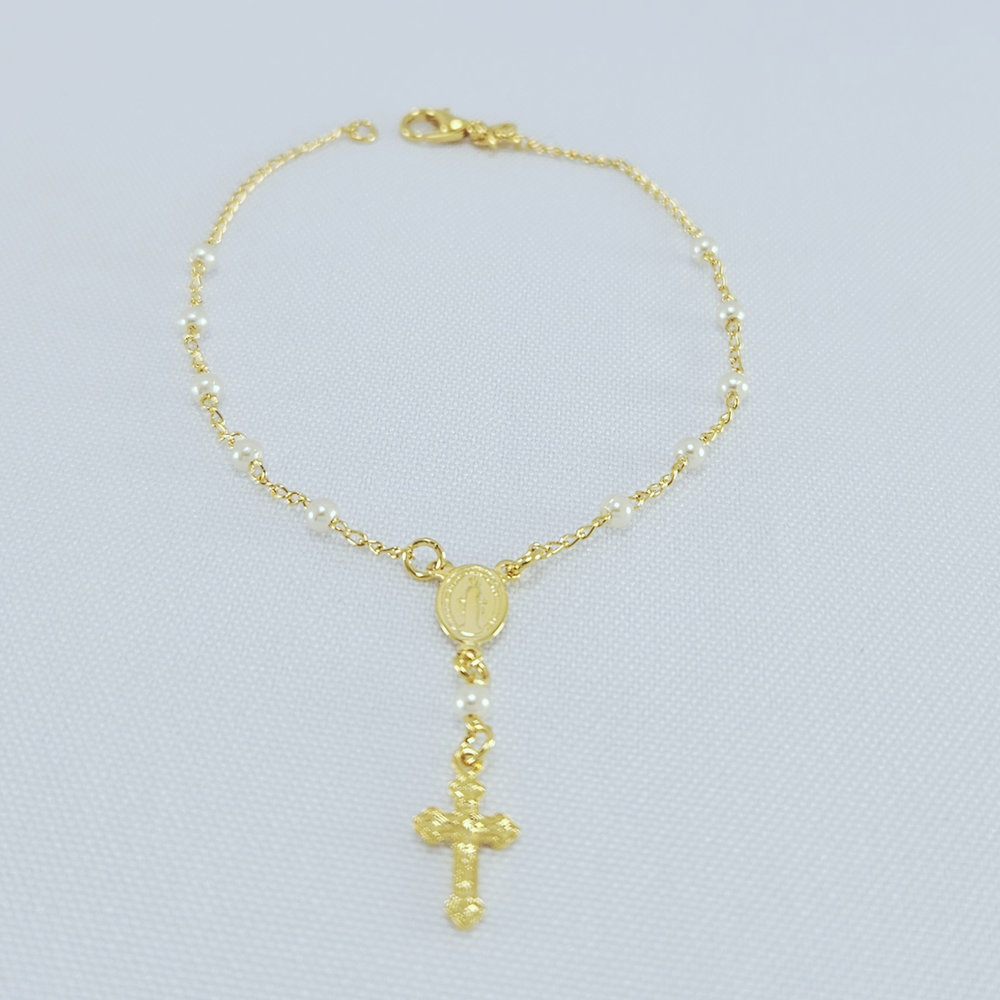 Pulseira terço com bolas perolado