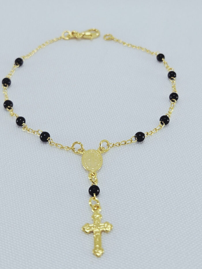 Pulseira terço com bolas pretas