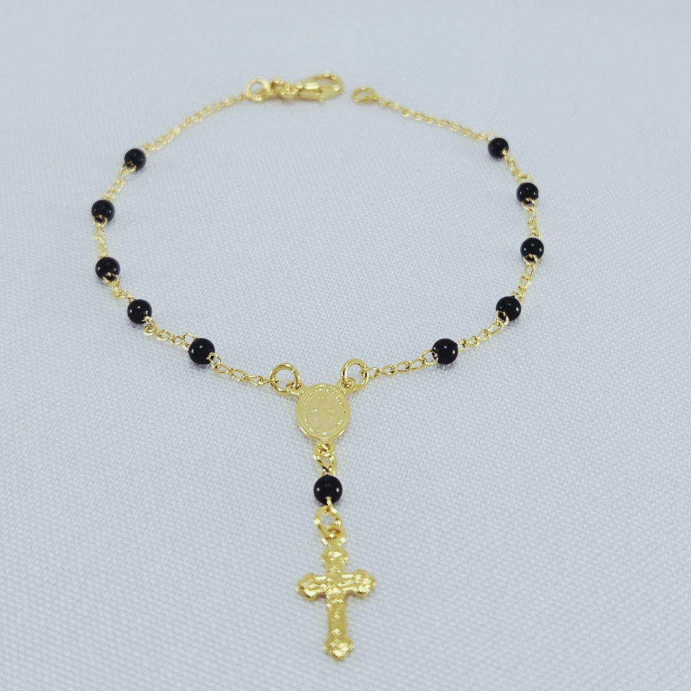 Pulseira terço com bolas pretas