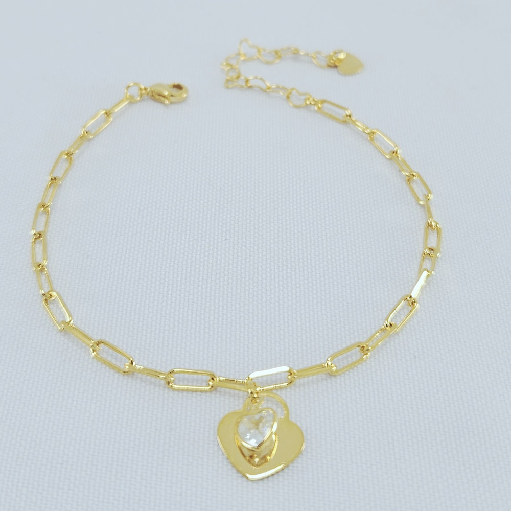 Pulseira cartier com pingentes corações liso e cristal