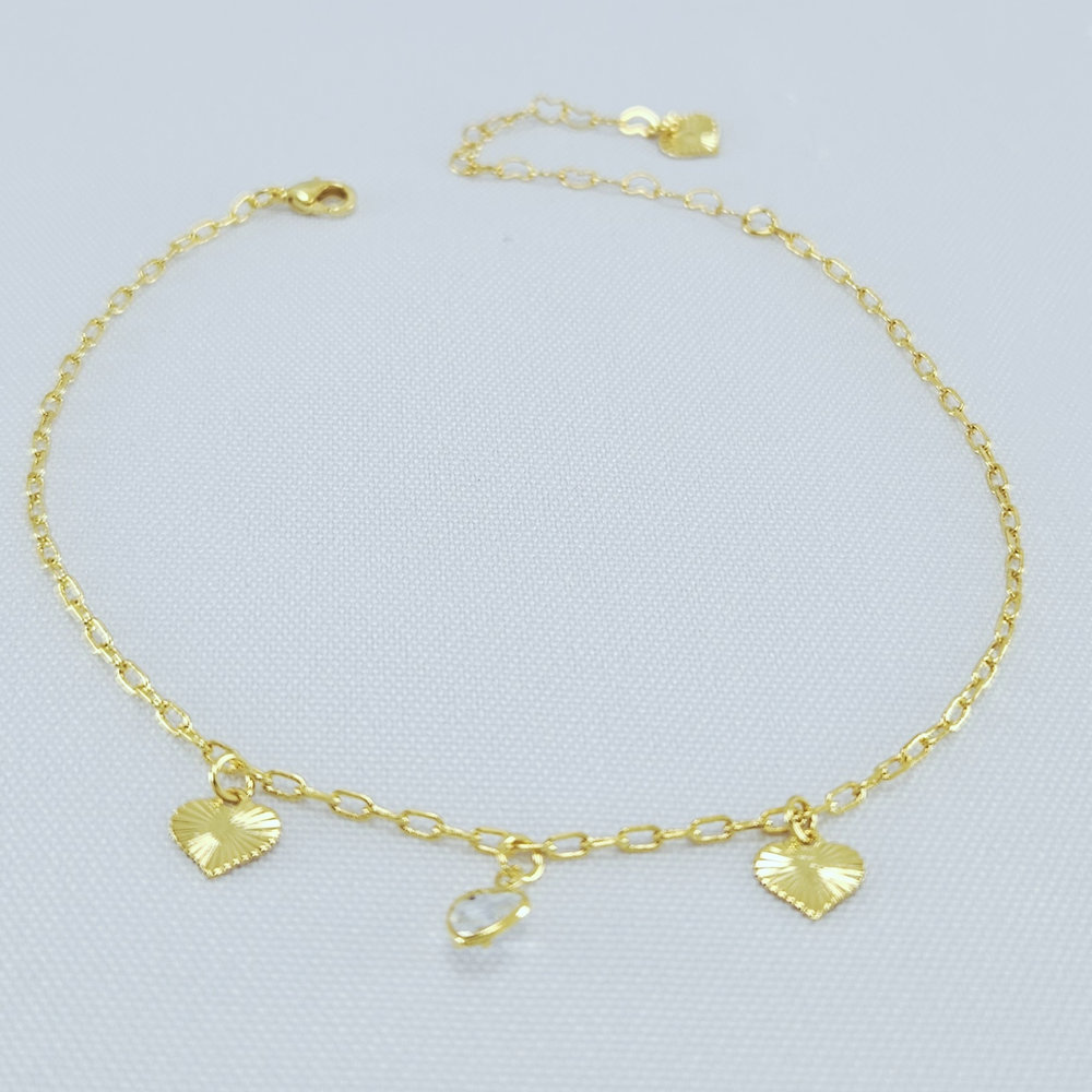 Tornozeleira elos vazados coração cristal e detalhado